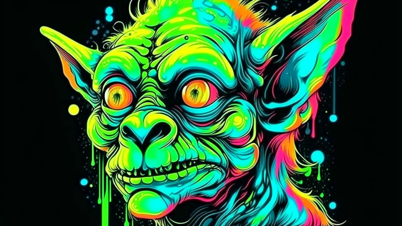retrato en primer plano de Goblin Piel animal neón fantástica Peinado de entidad celestial Fondo de manchas acuosas abstractas Serigrafía