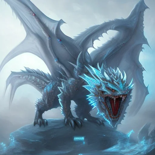 ice dragon with white mask, lots of spikes on its neck, spikes on its back, a few spikes on its tail, and a lightning ball beside it