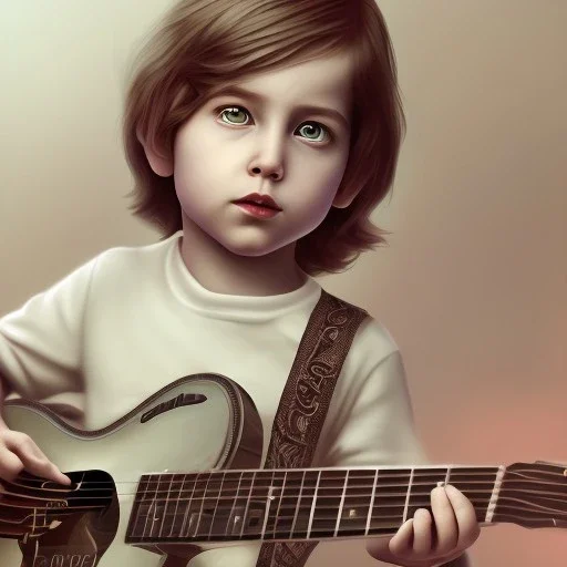 Mystery Kurt cobain toddler, full body, guitar, dramatique, art background, dramatic lighting, volumetric lighting, hyperrealisme, 8k, high quality, lot of details, fit within portrait, hyper realistic, unreal engine 5, uhd