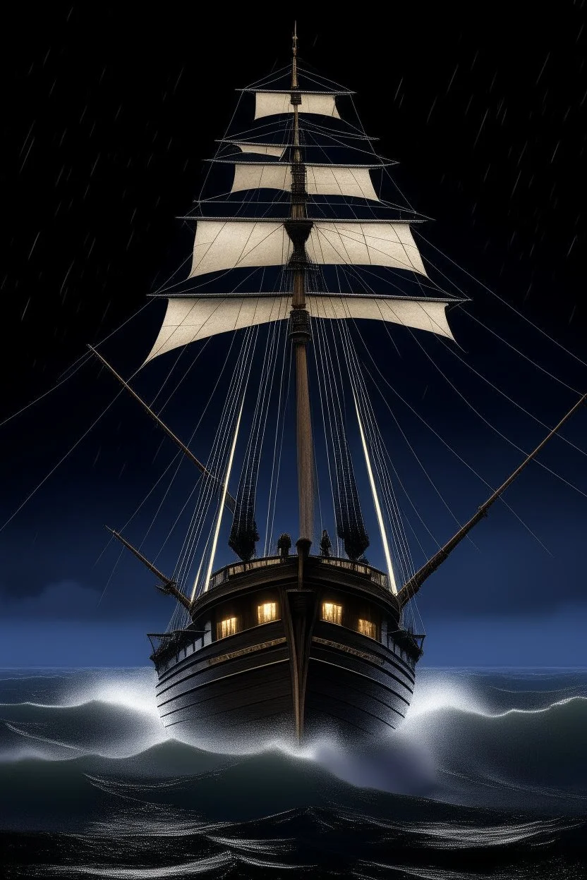 Wooden Ship front view with a Spider figurehead at night in a storm with giant waves