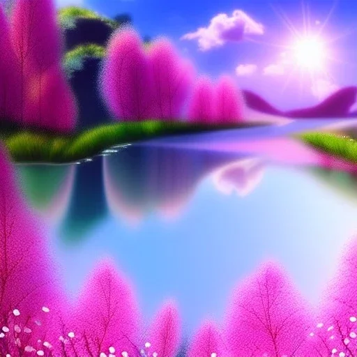 beautiful dream, mystical, cascades, delicate flowers, masterpiece, pastel colors, blue river, pink clouds,8k