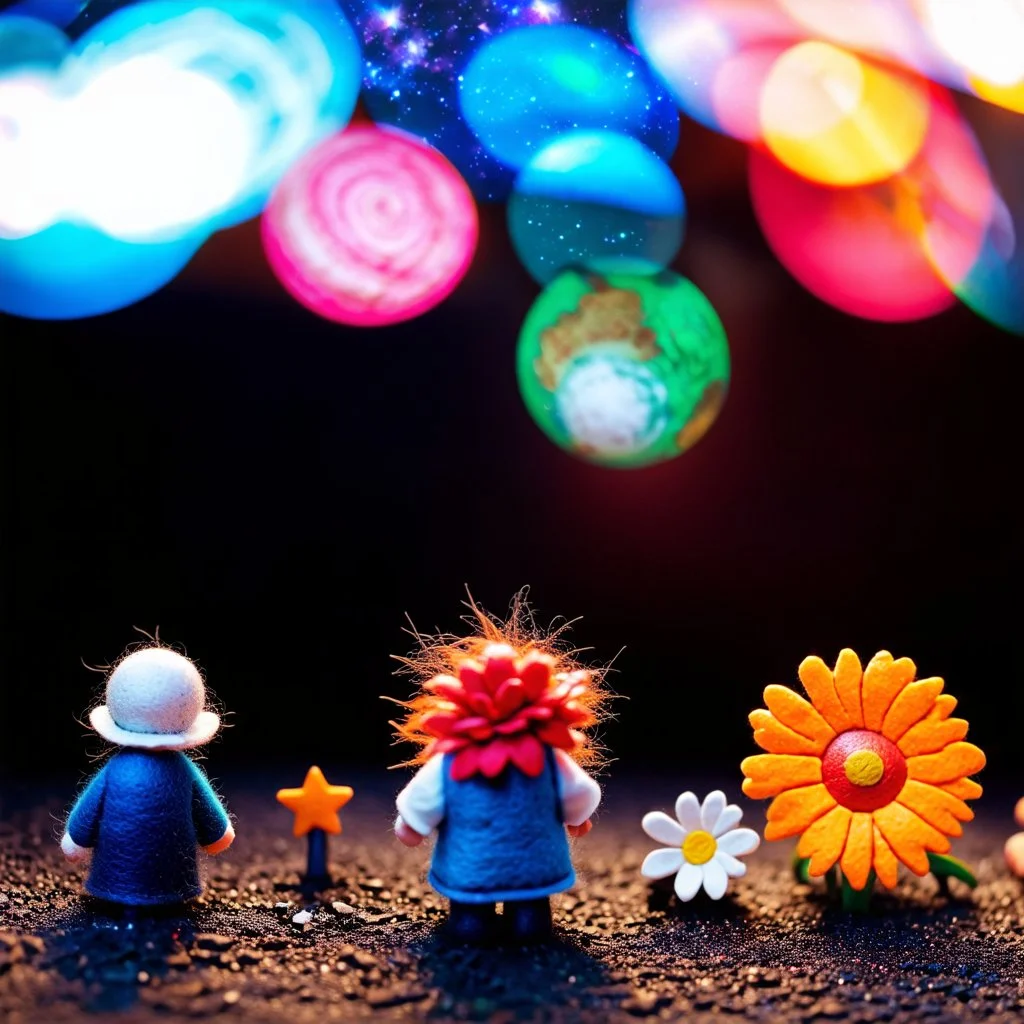 Detailed people, creepy street made of modeling clay and felt, village, stars, galaxy and planets, sun, volumetric light flowers, naïve, Tim Burton, strong texture, extreme detail, Yves Tanguy, decal, rich moody colors, sparkles, Harry Potter, bokeh, odd