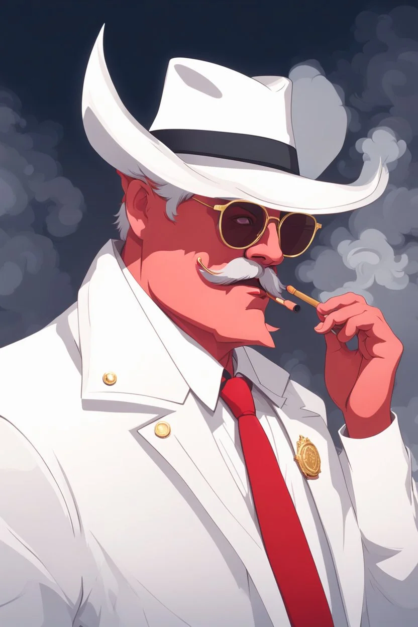 An old very red crimson devil wearing a white and gold police comisioner outfit, he is also wearing glasses, he has a white scruffy mustache, and a small black fedora, he also smoking a cig.