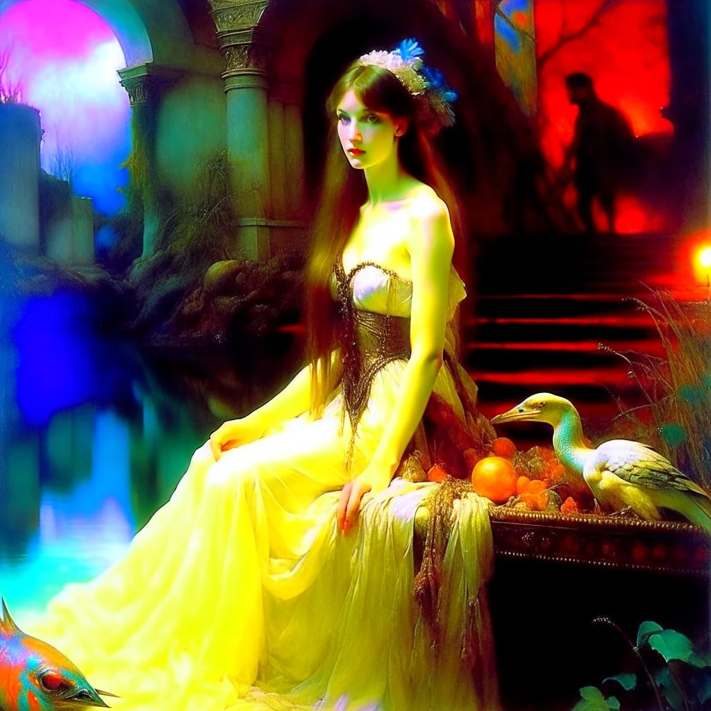 ((Masterpiece:1.2)(award-winning:1.1) caliber, professionally executed,utmost (precision and ultra-detail:1.3)techni-color , In the style of (ellen von unwerth:1.2, (Zdzisław Beksiński:0.5, John William Waterhouse,John Singer Sargent) in a desaturated, realistic, pop art style), glamor shot, 24-year-old Arab woman. Her long, curly black hair cascades down her shoulders, framing her face and her large, blank eyes. Her petite body,barbie aesthetic, portrait taken at Glamour Shots, 1988 captivating