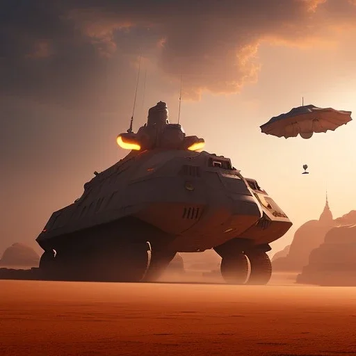 volumetric desert environment, Ralph McQuarrie style painting, armored hovercraft, floating in the air, highly detailed, renderman, duststorm at sunrise, hovercraft