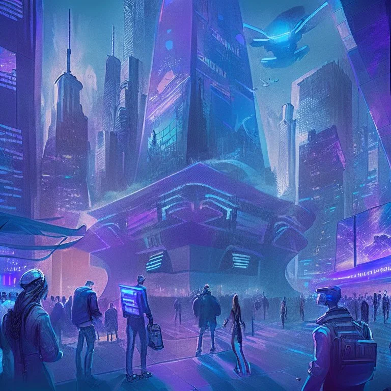 A group of people gather in a futuristic plaza, surrounded by towering skyscrapers and holographic advertisements. The plaza is filled with blue and purple light, and flying vehicles can be seen in the background.