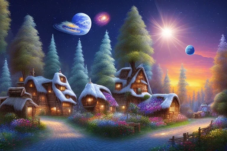 a village in the woods with galaxy sky and wolf