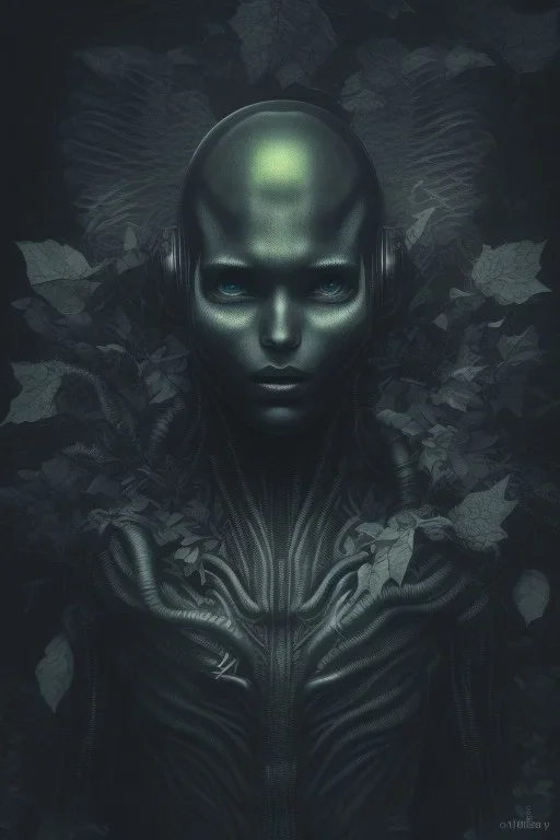 running alien portrait , black jogging suite , in the night Alps , holding leaves and flowers , angels background, volumetric light, high detail, dark leaf tree, dark mountains in background, perfect, HR Giger style