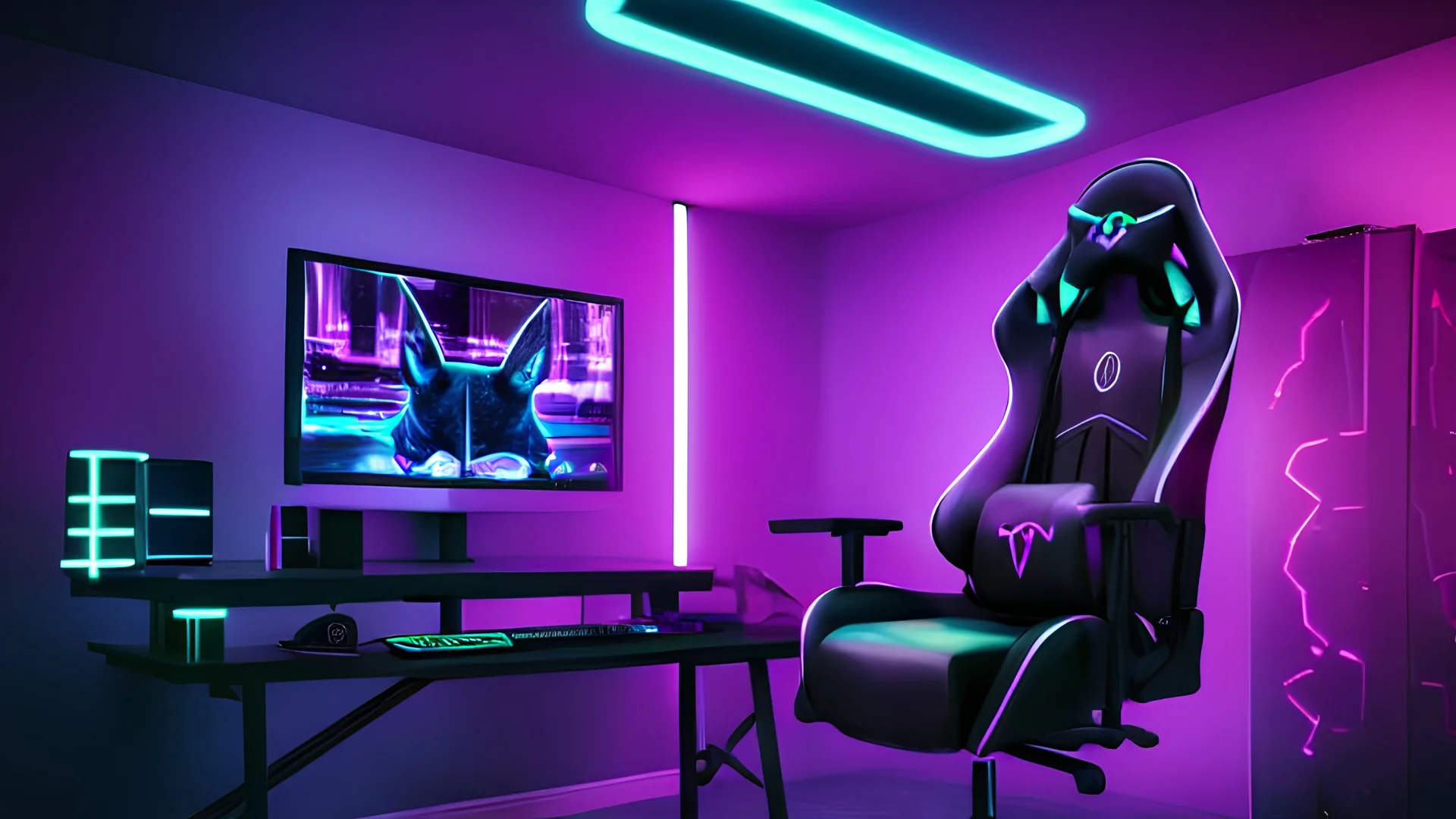 Dark purple and black gaming room with neon lights, gaming chair and PC with RGBs, realistic style, black cat sitting on the chair