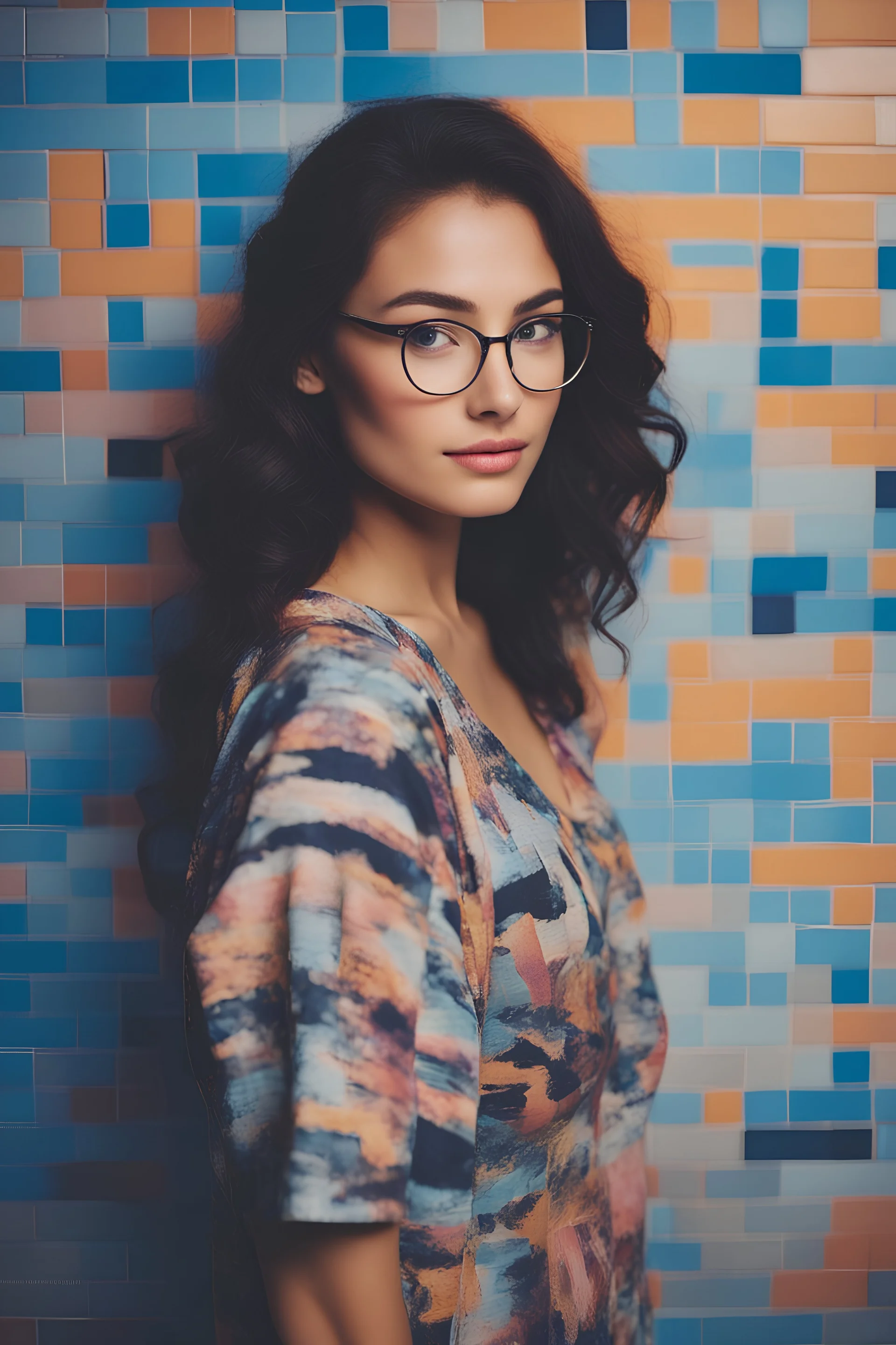 full body, head to toe - multicolored, neon lit, tiled floor - cat-eye framed eyeglasses - sky blue and navy blue gradated background -- multicolored, neon lit, tiled floor -- it's the 1950s - smiling 18-year-old Brianne Devereaux, big boobs, long, black hair, ponytail, blue eyes, short pleated plaid wool skirt, cotton blouse, a wool sweater, oxford shoes, and a neck scarf, professional quality studio 8x10 UHD Digital photograph, multicolored spotlight, Photorealistic, realistic stock photo,