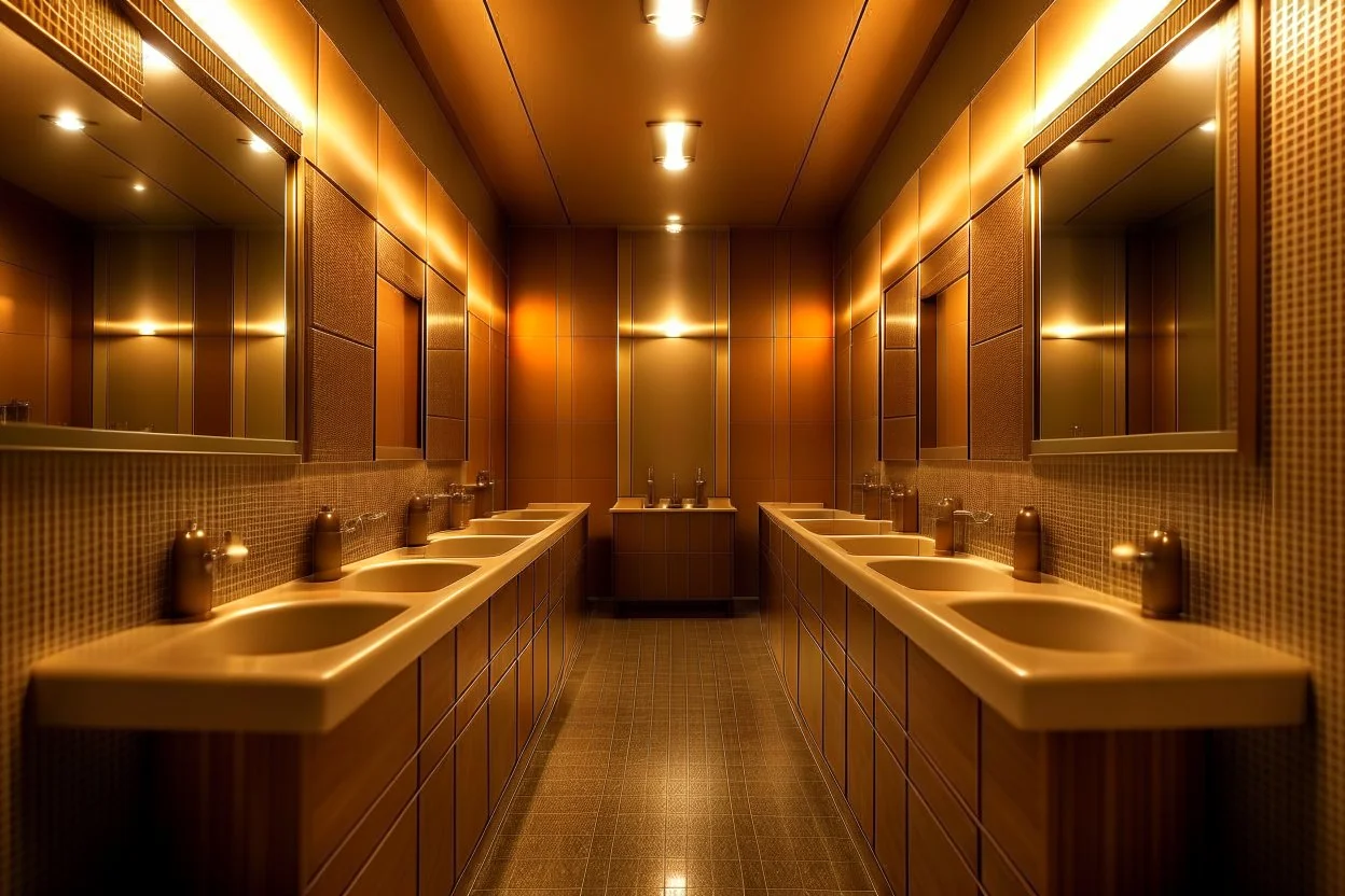 Pictures of a group of bathrooms in Mathaf Restaurant. The walls and floors are in brown tones, and the sinks are on one wall only.