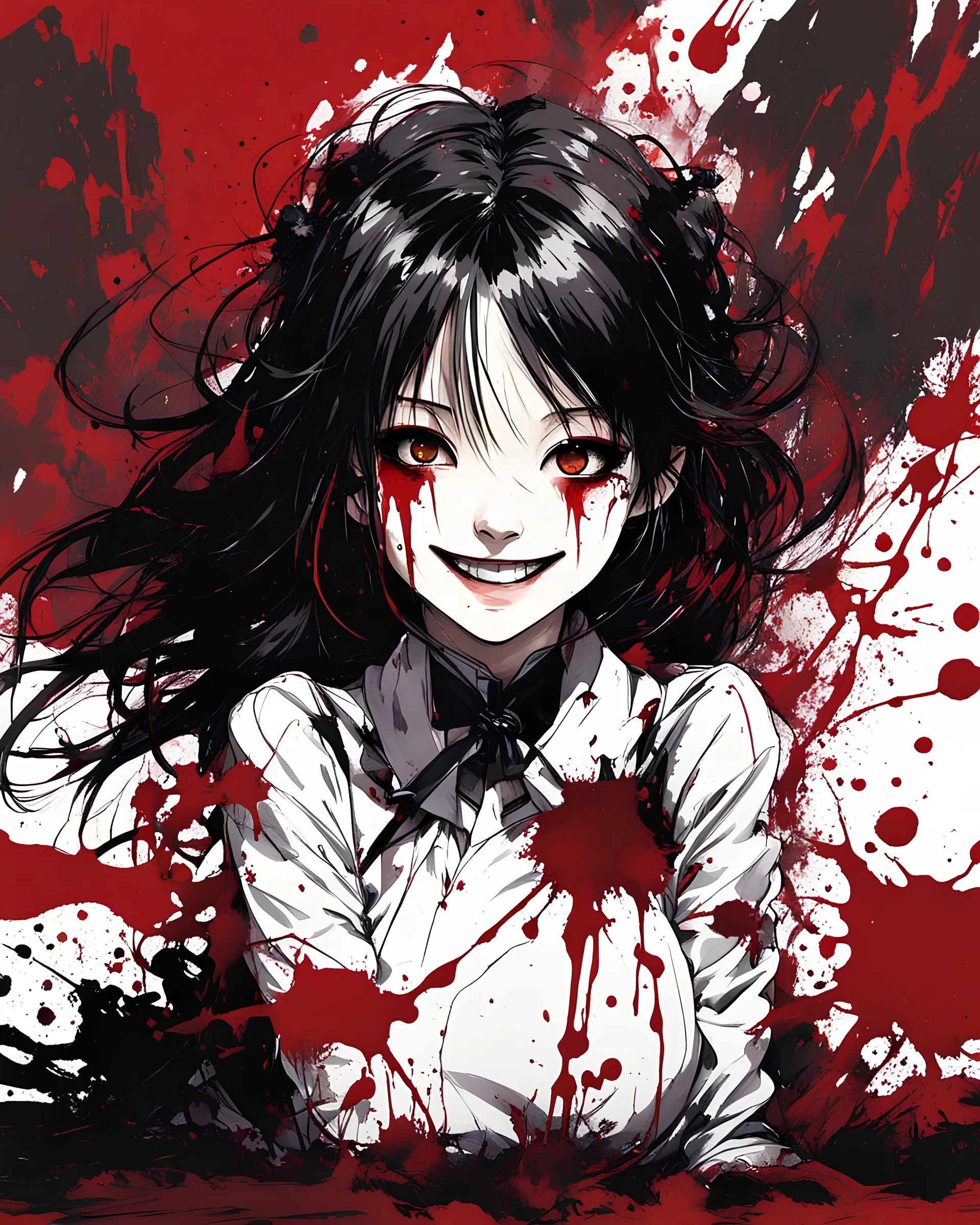 Petit girl goth smiling, lying pose, fullbody, behind blood guts rising from the ground, illustration by <Yoji Shinkawa>, behind paint splashes darkred tones,