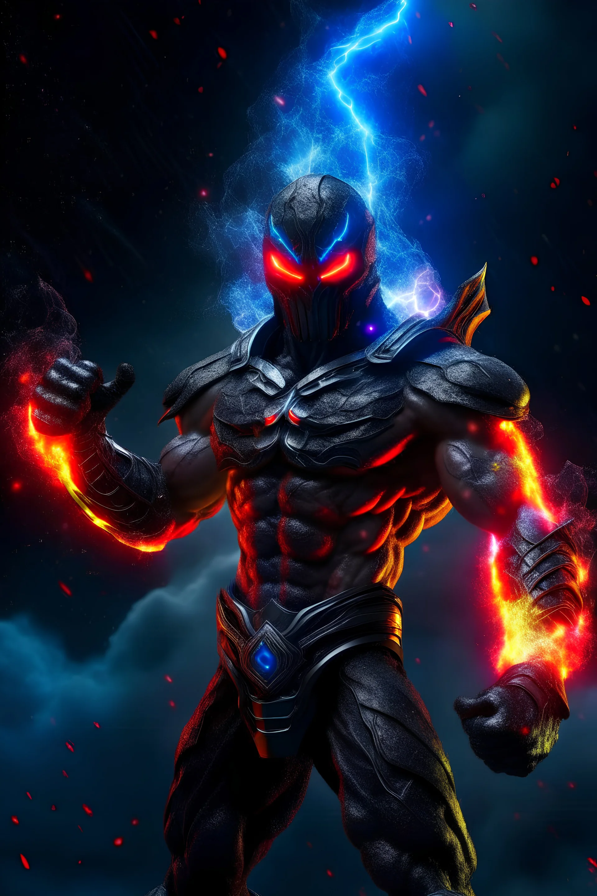 fire, lightning, wind, rain, volcanic lava, fireworks, explosions, multicolored neon lights, outer space background -- an extremely muscular man wearing a black, bandit eye mask, a black, skintight, formfitting cowl, a black, skintight, formfitting kevlar bodysuit, black gloves, silver wrist gauntlets, silver belt, silver knee-high boots, silver lightning emblem on the chest, with cobalt blue eyes, a mustache and goatee,