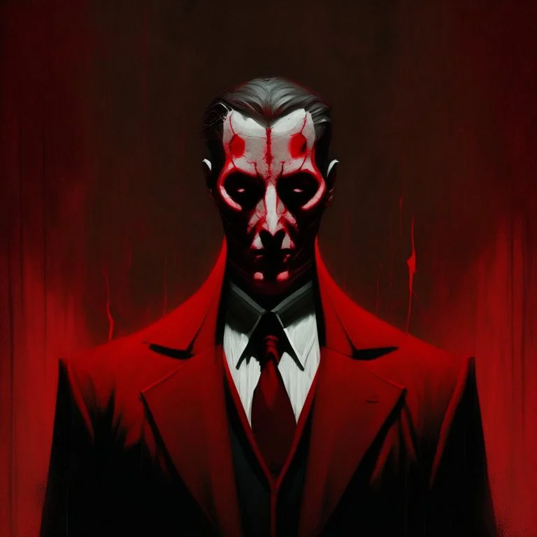 a sinister figure wearing a red suit with a red tie and a priest's clerical collar with no face and dirty slicked back hair