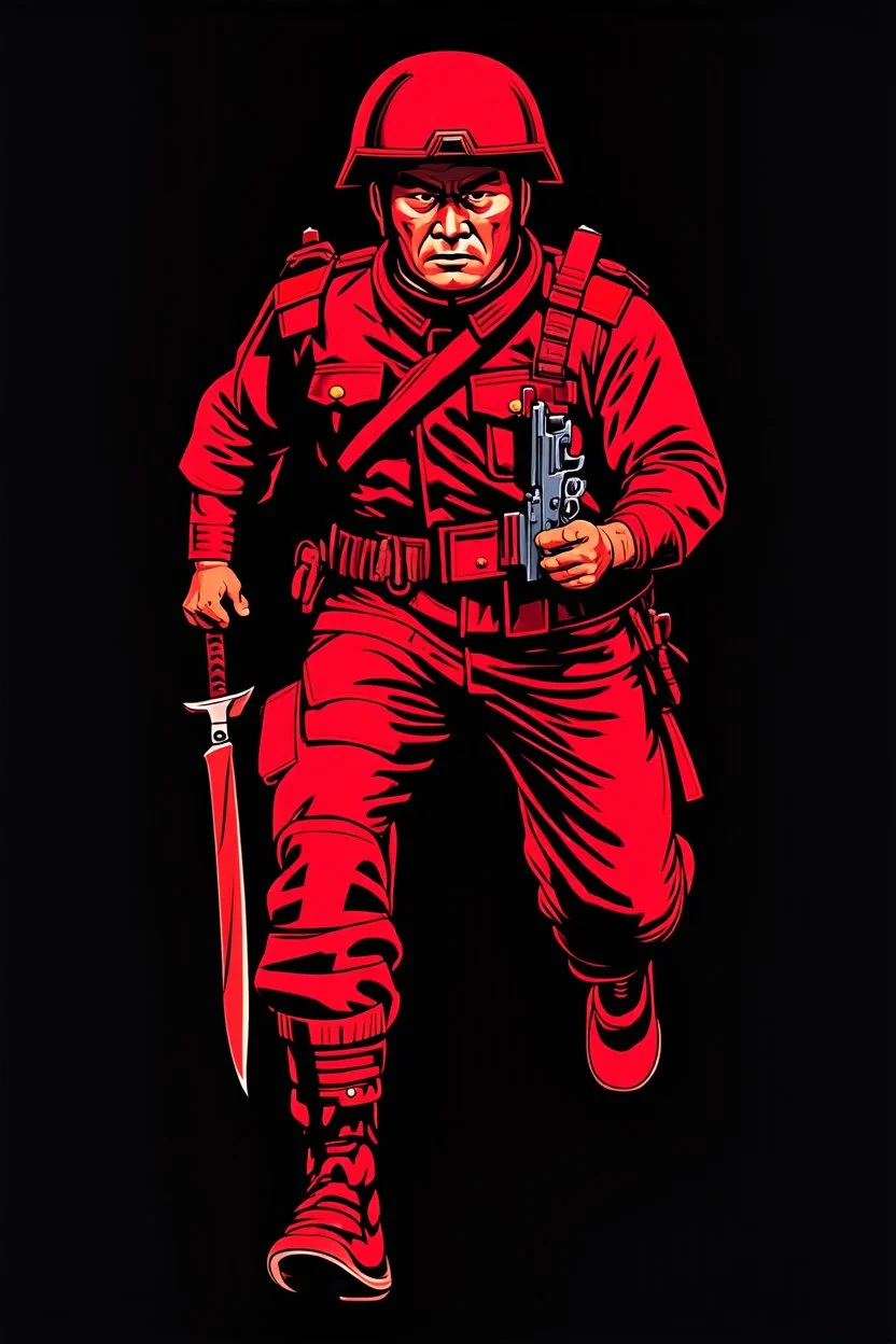 mongolian soldier(uniform and face based on racist steriotypes) running towards viewer, a knife i one hand, and a gun(barrel pointing at viewer) in the other. blocky retro 1960's jack kirby style poster in monochrome with white background