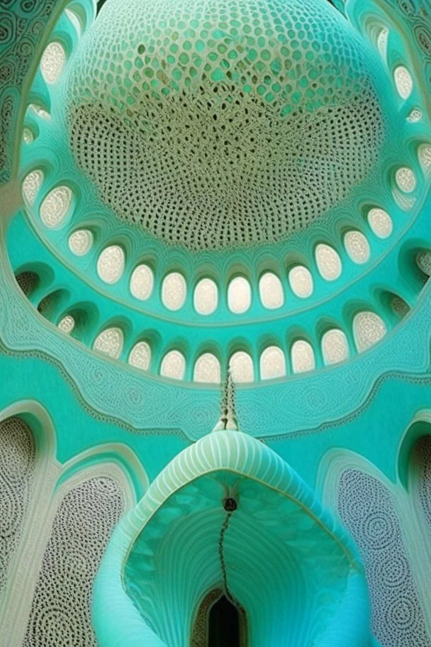 inside a turquoise mosque in a vertical Nautilus shell by artist "Dorian Haqmoun"