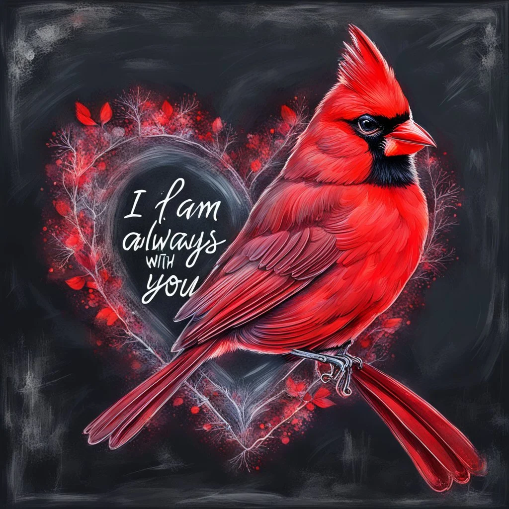 Bing: a vibrant digital chalk sketch painting featuring a double exposure image of a beautiful majestic red cardinal, ultra-detailed, within the body of the cardinal is a heart with the words "I AM ALWAYS WITH YOU" in a beautiful script