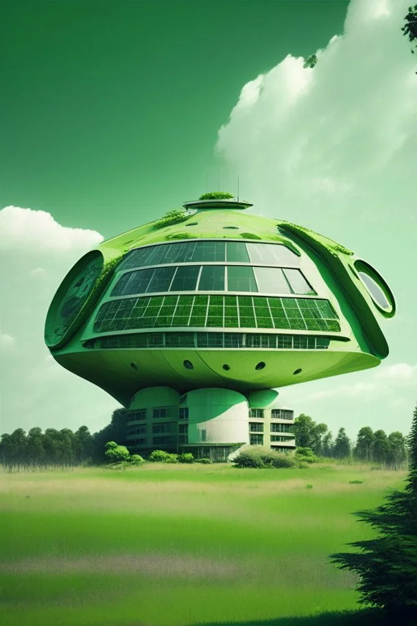 A building in the form of a satellite dish and green spaces