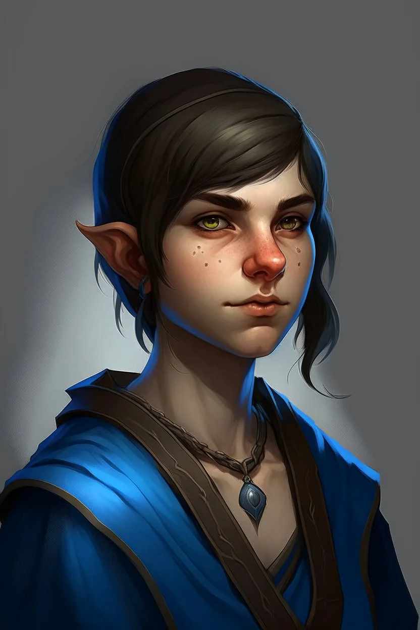 teen woman half orc with blue clothing short hair