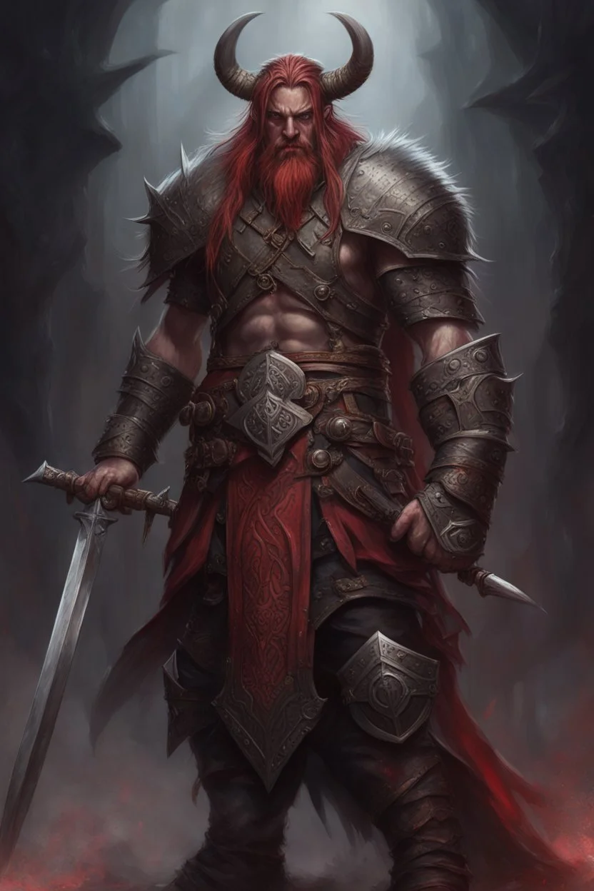 Illustration of a world of Warcraft Viking character with swords, in the style of dark bronze and red, eerily realistic, gothcore, Dark Fantasy by Antonio J. Manzanedo, full-length body shot, finely detailed armor, weapon, intricate design and details, hyper-detailed, hyper-realistic --ar 1:2 --stylize 750 --v 6