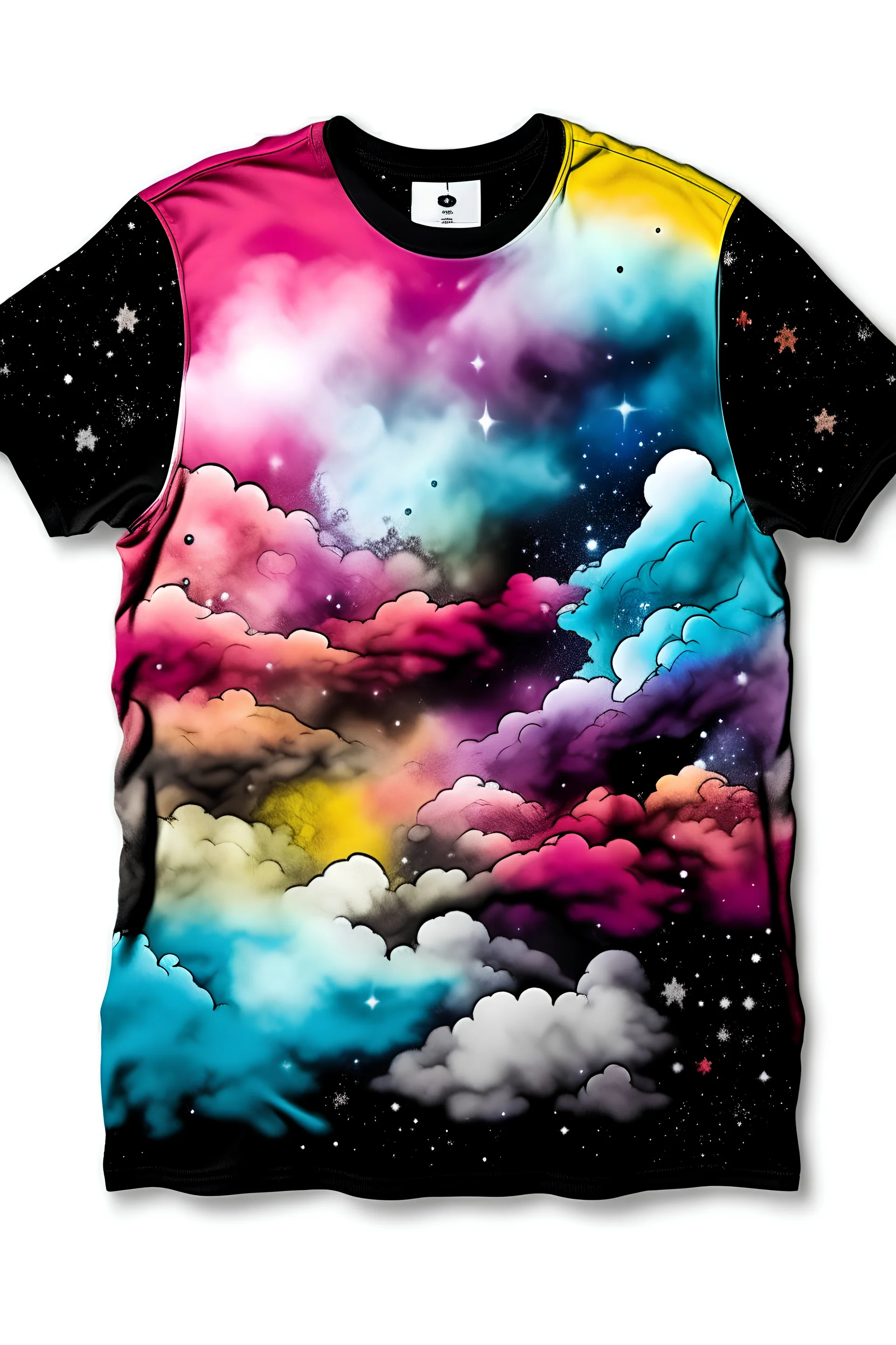 Fashion a gravity-based t-shirt design with a nebula's colorful clouds swirling in space. with light color background