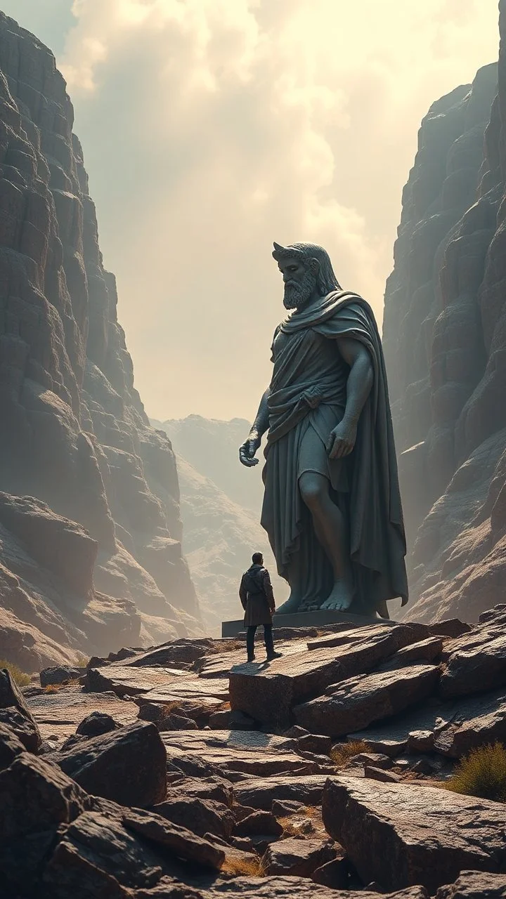 realistic photo of a landscape covered in granite that looks futuristic with futuristic lighting , a huge Roman statue of Troy standing a giant hooded creature looking at you