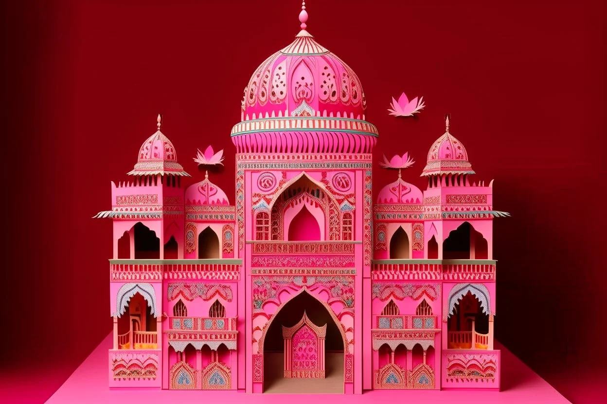 A pink Arabian palace with magic designed in Kuna molas painted by Qiu Ying