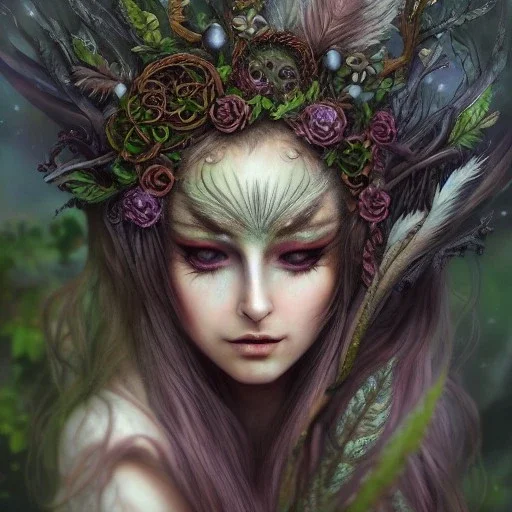 karlan, rusty metal, feathers, Dryad, fae, sidhe, ominous, nature, plants, wildflower, facepaint, dnd character portrait, intricate, oil on canvas, masterpiece, expert, insanely detailed, 4k resolution, retroanime style, cute big circular reflective eyes, cinematic smooth, intricate detail , soft smooth lighting, soft pastel colors, pencil sketch