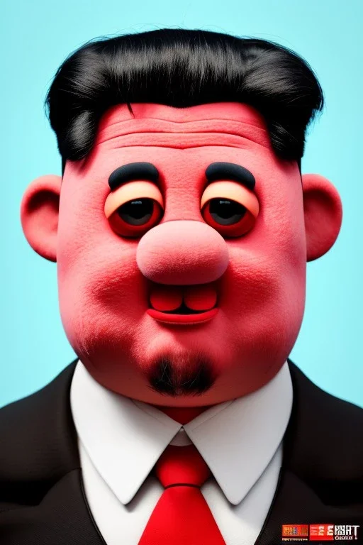 Waist up muppet Portrait, Kim Jong-un muppet doll, black suit, photo studio, red background, unreal engine 5, concept art, art station, god lights, ray tracing, RTX, lumen lighting, ultra detail, volumetric lighting, 3d.