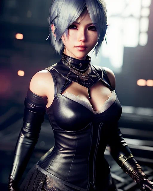 Nier, yorha, 2b, clear complexion, waist up portrait, 8k resolution, intricate details, ornate details, soft lighting, vibrant colors, retroanime, masterpiece, intricate eyeliner, dark eyeshadow, eyes, intricate tattoos, futuristic cityscape background