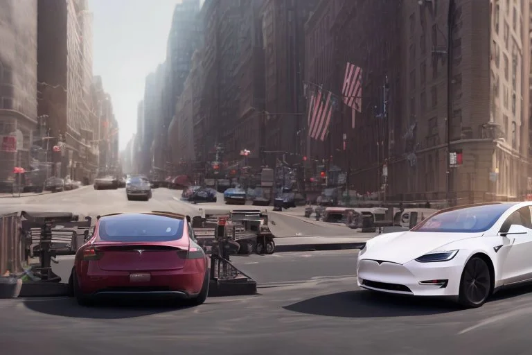A Tesla 'Model Y' is racing at top speed, on 'Wall Street', in New York. (CINEMATIC, WIDE ANGLE LENS, PHOTO REAL)