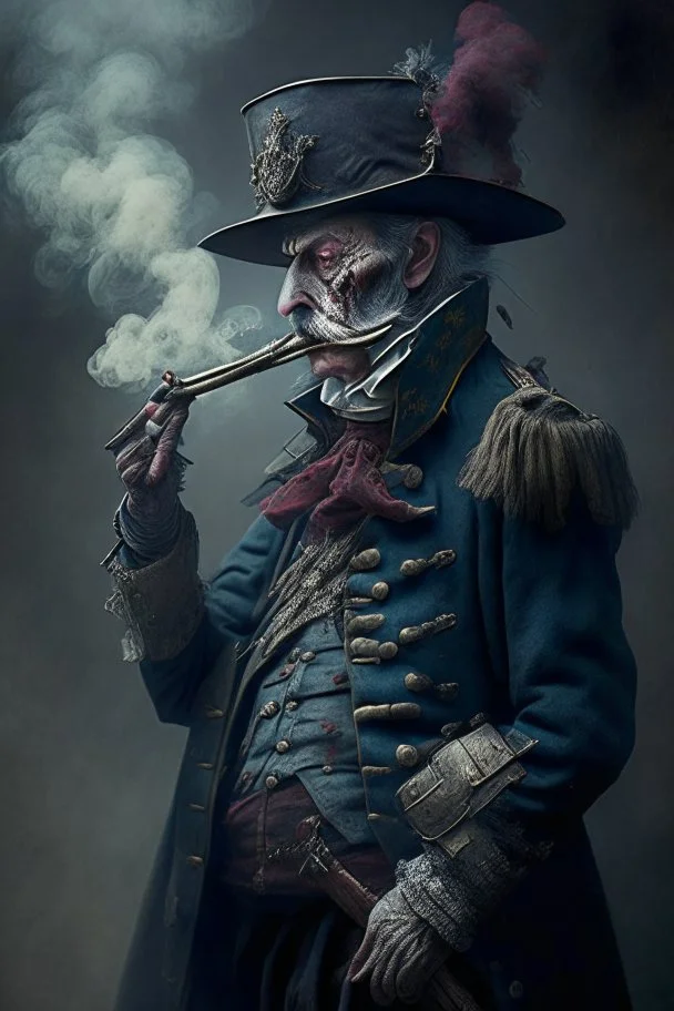 70 years old victorian bloodborne soldier with a musket and smoking a cigarette