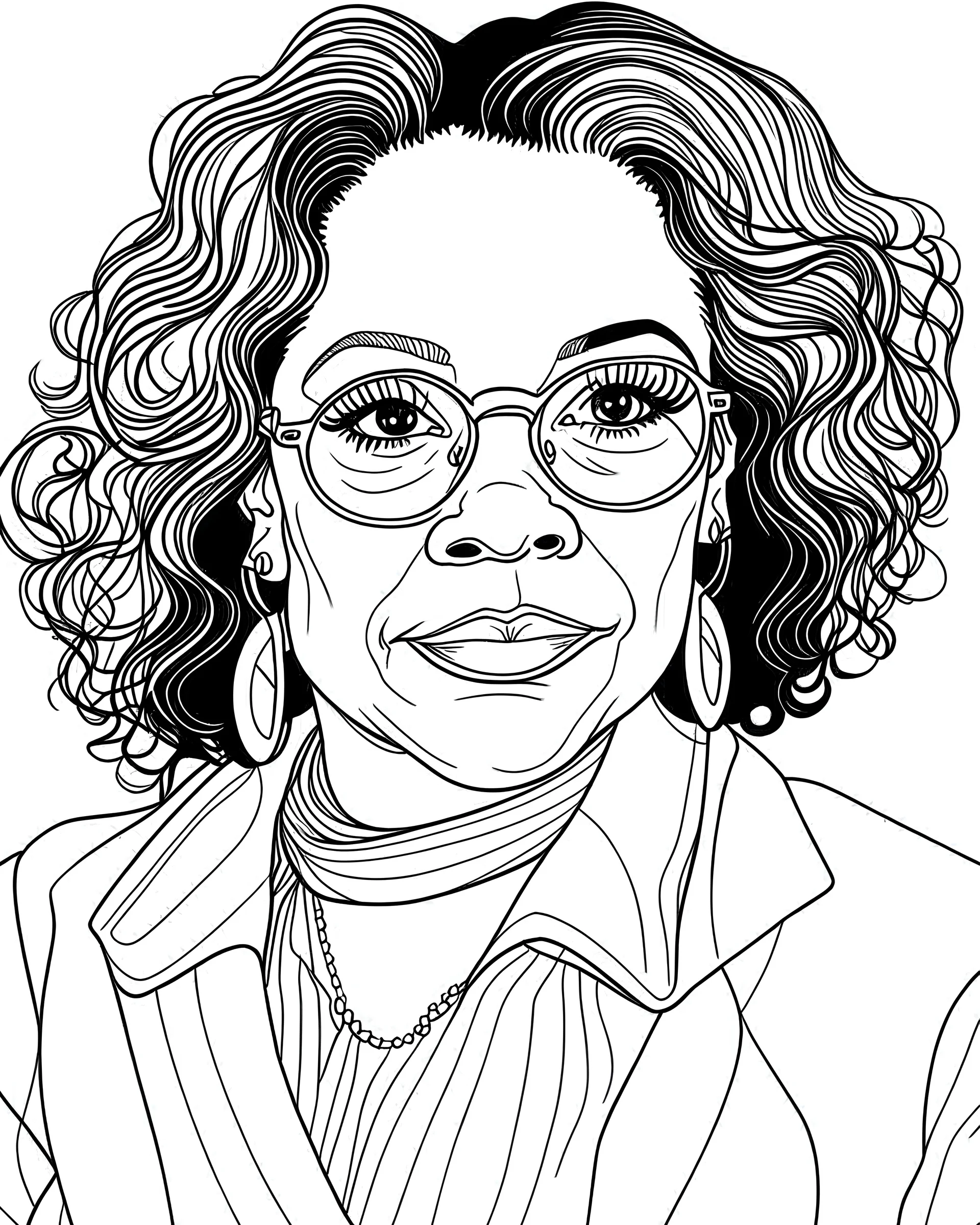 2d outline illustration, line art, simple lines, coloring page, simple vector monochrome coloring page, Oprah Winfey, white background