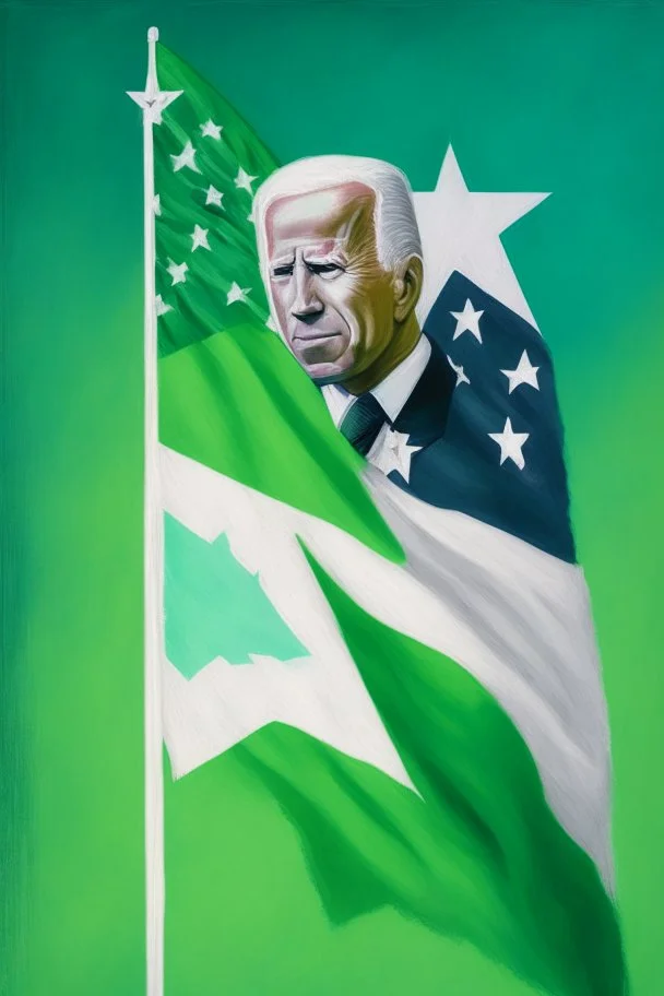 "painting of joe biden with green flag with white square and green star. "esperanto flag""