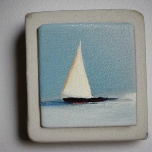 tiny oil painting of tiny sailboat, plain white background, solid white background, tiny white canvas, tiny white frame, melancholy, tender, moody, vintage, delicate arrangement, beautiful composition, etsy, aesthetic layout, plain solid white background