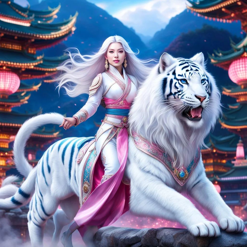 (masterpiece, best quality, 8k, RAW photo, beautiful and aesthetic:1.2), complex detail, Indirect light, photorealistic, (((full body))), 2 Gorgeous Cosmic asian goddess smiling, long curved white hair, blue eyes, Mixed, sci-fi and traditional asian outfit with pink velvet and white furs, riding a white tiger who is running in a colorfull snowy landscape with bokeh