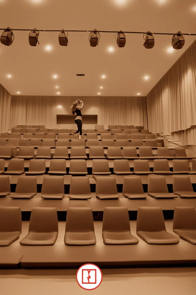 girl with messy bun hitting a punchball. She is boxing. People are sitting around her following the course. She is standing in the middle of the image in the aula. She boxing.