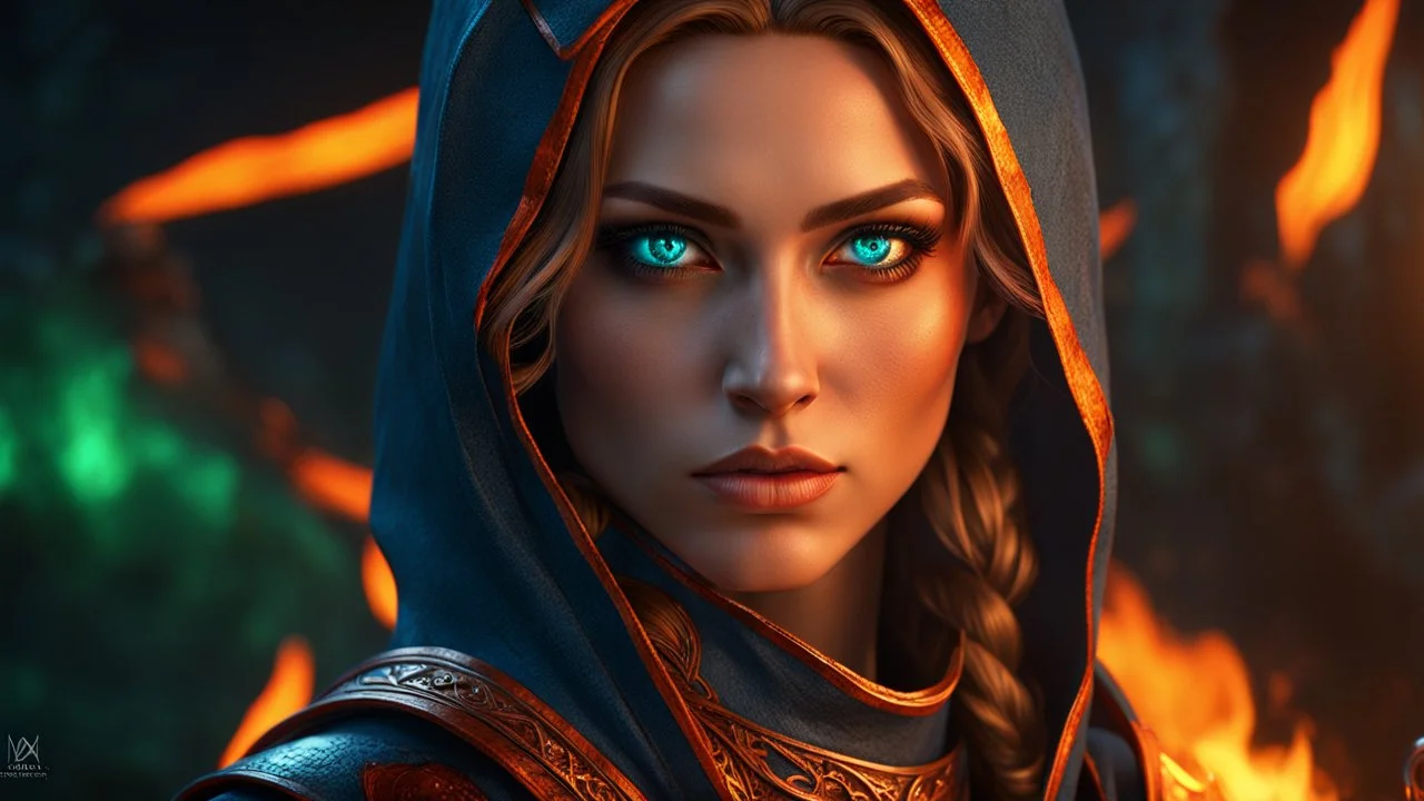 Armageddon. ragnarok. molten lava. 18 year old female sorcerer. fantastic beautiful blue eyes. green and orange fire. exquisite realism, a masterpiece, fantasy concept art, dynamic lighting, hyperdetailed, intricately detailed, deep color, Unreal Engine, volumetric lighting , Epic cinematic brilliant stunning intricate meticulously detailed dramatic atmospheric maximal, CAMERA: Nikon Z7 | FOCAL LENGTH: 105mm | SHOT TYPE: Close-up | COMPOSITION: Centered | LIGHTING: Soft, directional