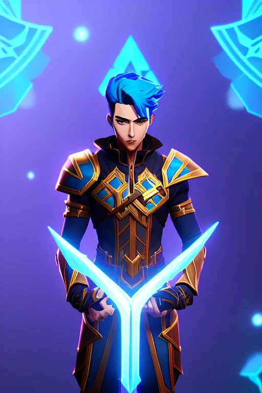 a human male with blue short hair and blue wings in assymetrical armor with geometric patterns and a book in hand