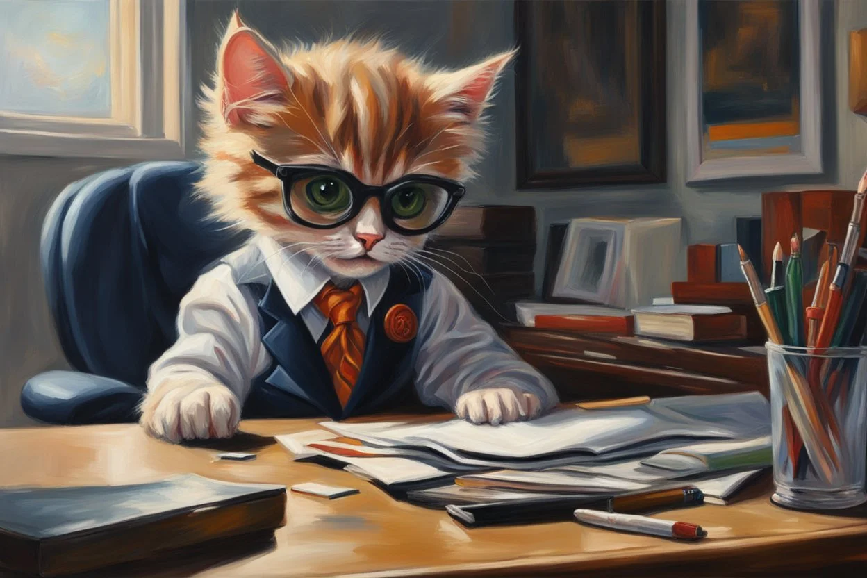 kitten girl secret agent joker in an office in sunshine, very detailed, oil painting