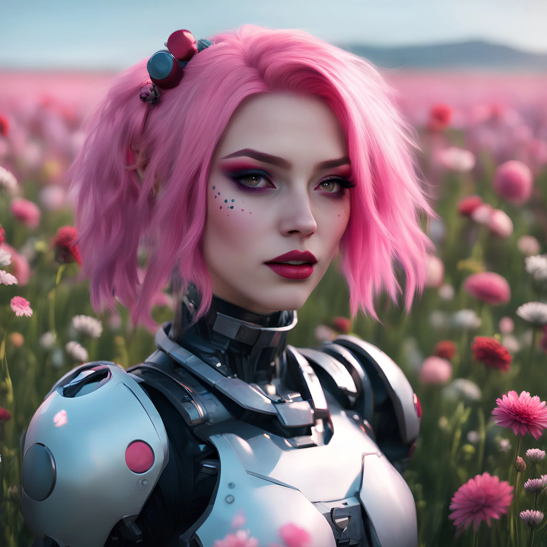 a woman with pink hair standing in a field of flowers, cyberpunk art, inspired by Mike Winkelmann, y 2 k cutecore clowncore, creepy clown girl, harley quinn, she half human and half robot, unreal engine : : rave makeup, porcelain cyborg, profile picture 1024px, cute humanoid robot, trending on cgstation, shot with Sony Alpha a9 Il and Sony FE 200-600mm f/5.6-6.3 G OSS lens, natural ligh, hyper realistic photograph, ultra detailed -ar 1:1 —q 2 -s 750)