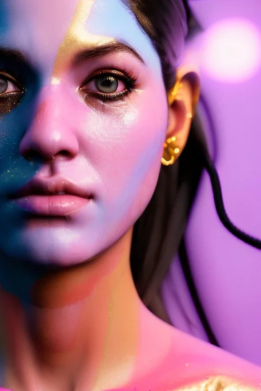 Ultra Realistic image, Rosalía artist, portrait, waist up portrait, long black eye line, sweet face, gold pink and blue geisha style, spray glow make up, led lights, neon, led piercing nose, led ornament, fog, bubble latex coat, vibrant color, highly detailed, art stations, concept art, smooth, unreal engine 5, god rays, ray tracing, RTX, lumen lighting, ultra detail, volumetric lighting, 3d, finely drawn, high definition, high resolution.