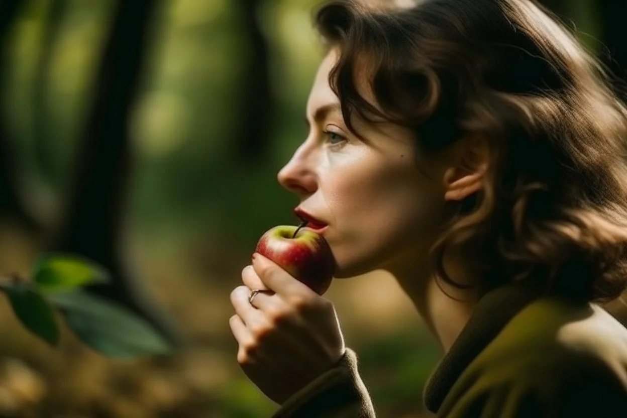 a woman about to bite an apple, looking in profile, close-up, blurred background of a forest, photography