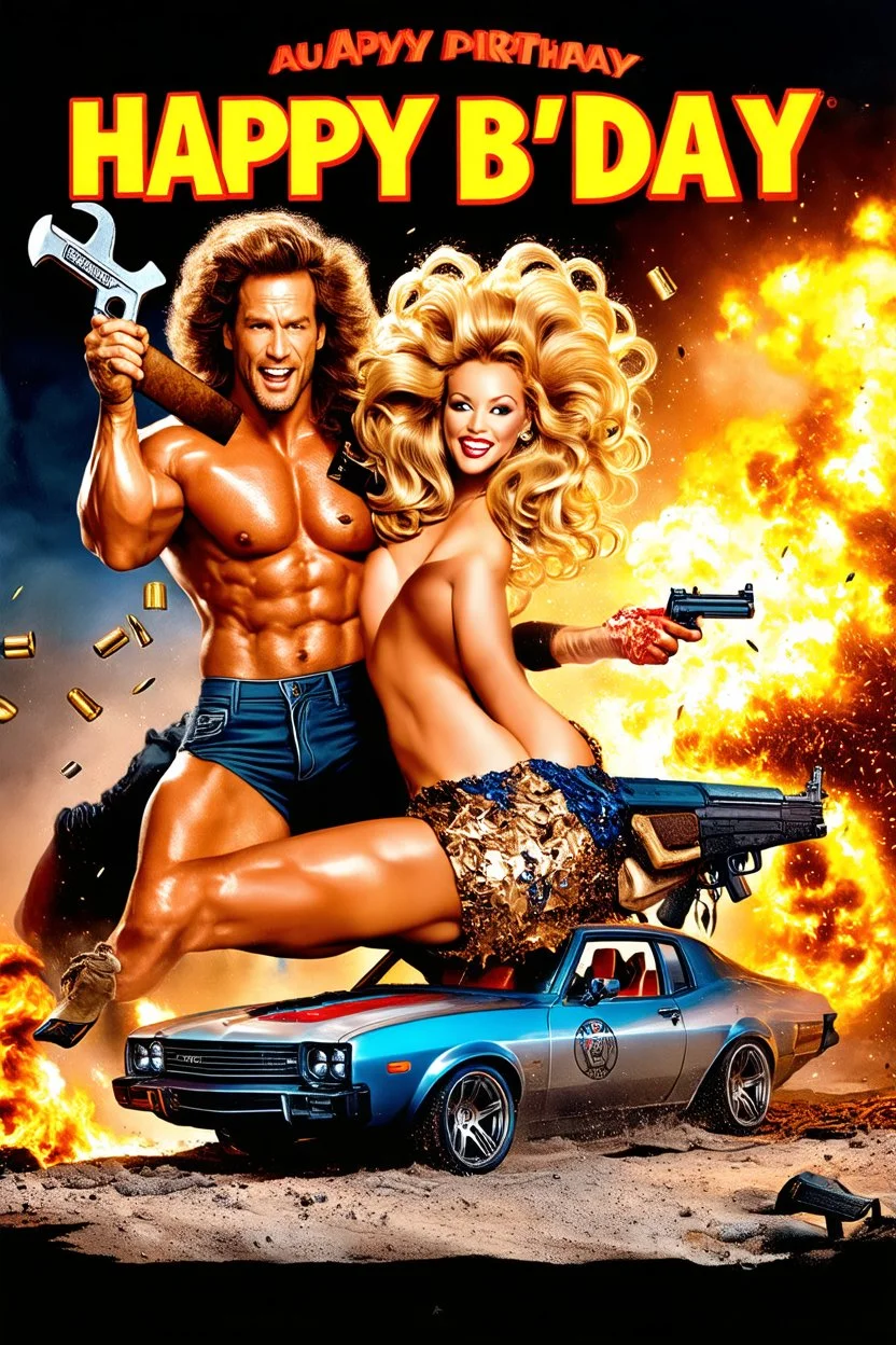 movie title"‘HAPPY B' DAY" - "AUTOFARM" is pure 90s sexy chaos! A ripped, grease-drenched mechanic swings a giant spanner, clutching a wild, big-haired bombshell. Bullets fly, explosions blaze, and a battle-scarred Landenhausen big drifts through the wreckage. Meanwhile, a cigar-chomping, gun-slinging sheep unleashes total carnage. Chrome logos, neon smoke, and VHS-era adrenaline—action cranked to ELEVEN!" 🔥💥🎬🚗