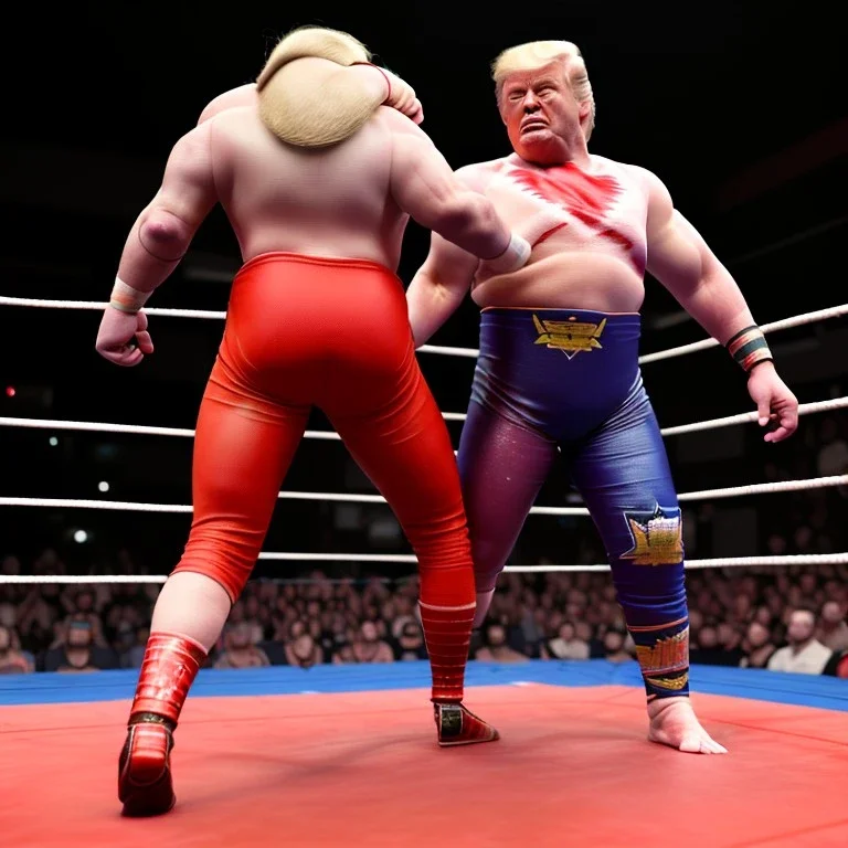 Wrestler Donald trump, wrestling, sweat, blood, red breeches, suspenders, stars, retro style, 80s, hot ambient, photo studio, vibrant color, gradient, highly detailed, art stations, concept art, smooth, unreal engine 5, god rays, ray tracing, RTX, lumen lighting, ultra detail, volumetric lighting, 3d, finely drawn, high definition, high resolution.