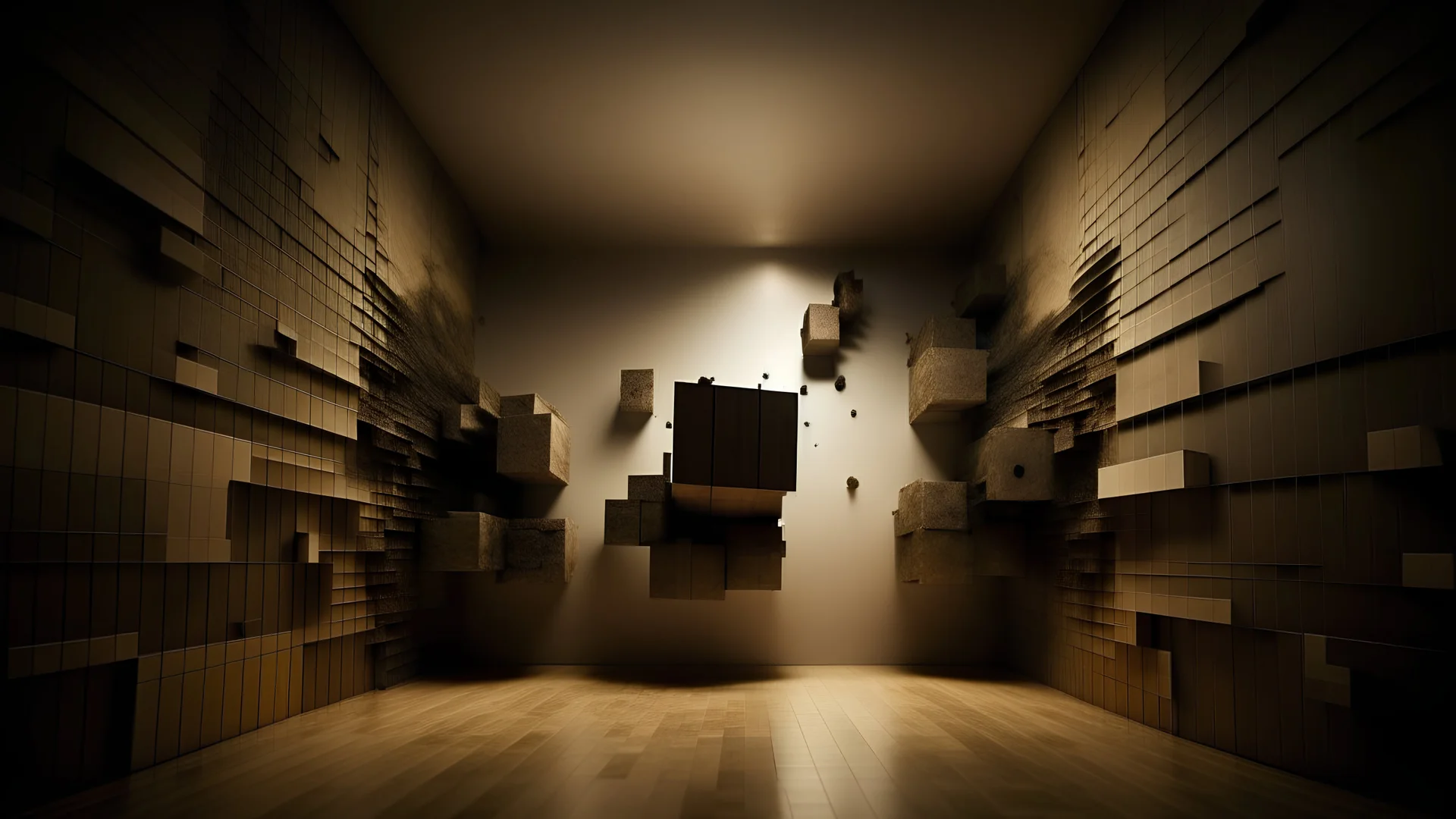 An abstract conceptual artwork of four blank walls in space, each representing a different emotion or aspect of life. The first wall exhales a sigh, symbolizing melancholy or a deep breath of relief. The second wall produces a whirring motion, indicating the cogs of progress or machinery at work. The overall scene is enveloped in a serene atmosphere, with a minimalistic aesthetic that allows the viewer to interpret the meaning and emotions behind each wall.