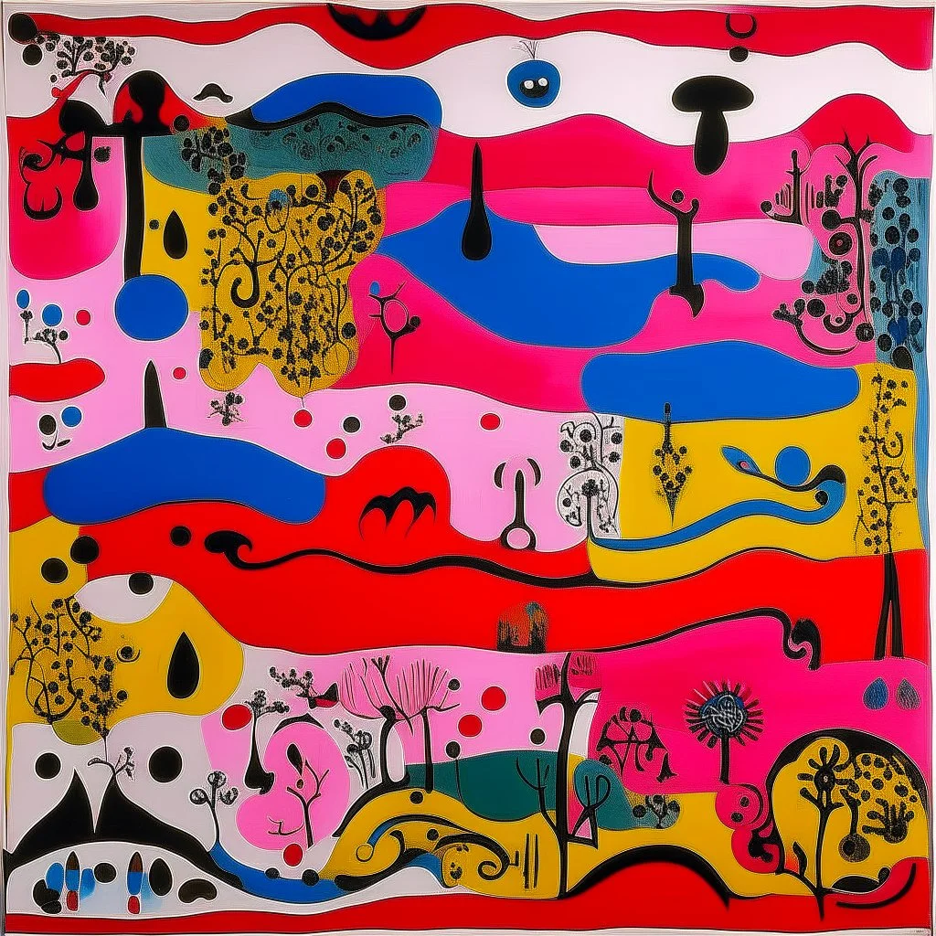 Magenta psychic wetlands near a beach designed in medieval tapestry painted by Joan Miro