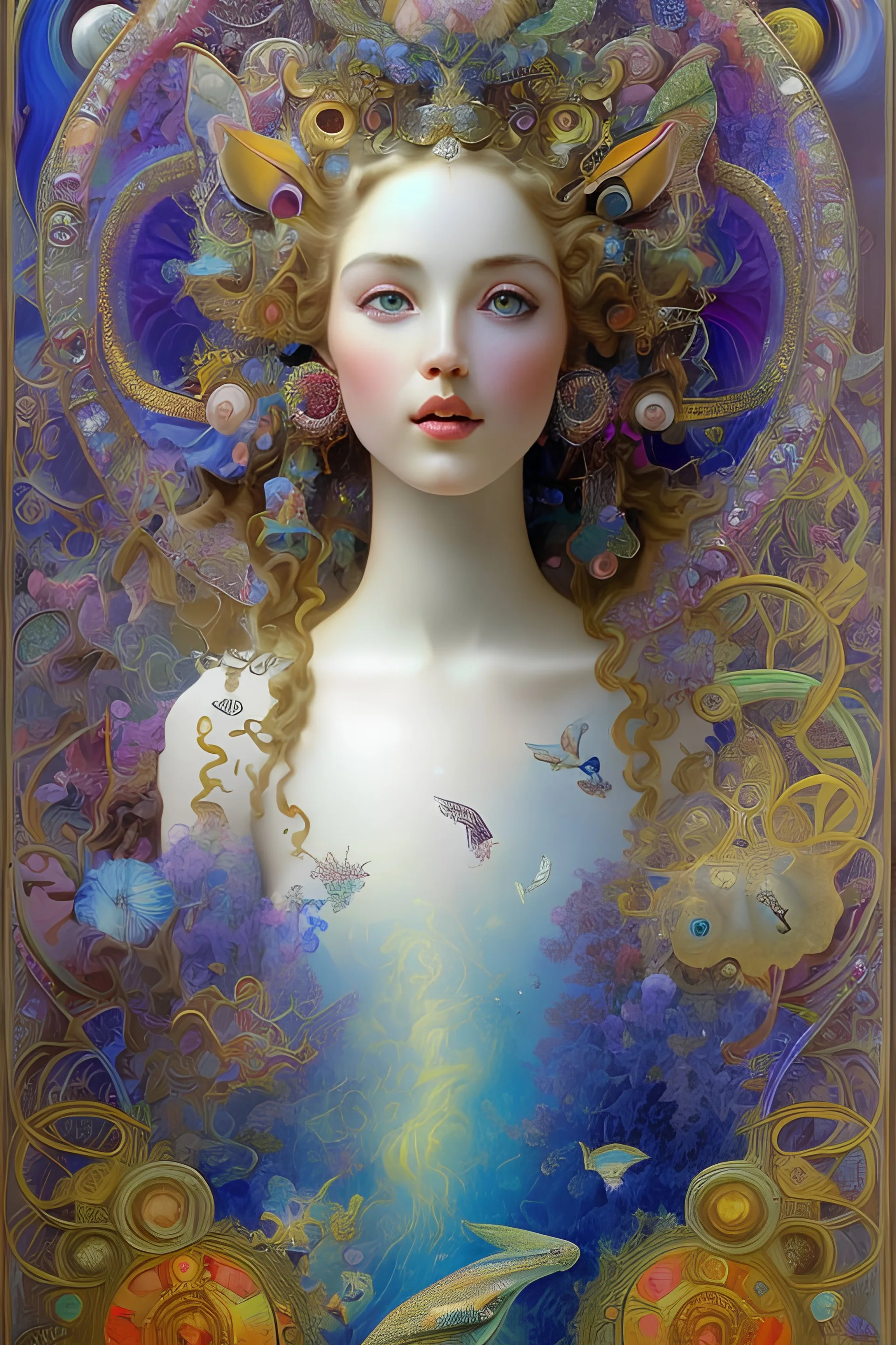 art by Salvador Dali in the style of Alfons Mucha, psychedelic colors, Suki Waterhouse as a mermaid in a lepidoptera dream, mystic scene with scientific detail, magic royalistic backlight, Dynamic lighting, sharp focus, expensive. 35mm professional lighting, intricately detailed, volumetric