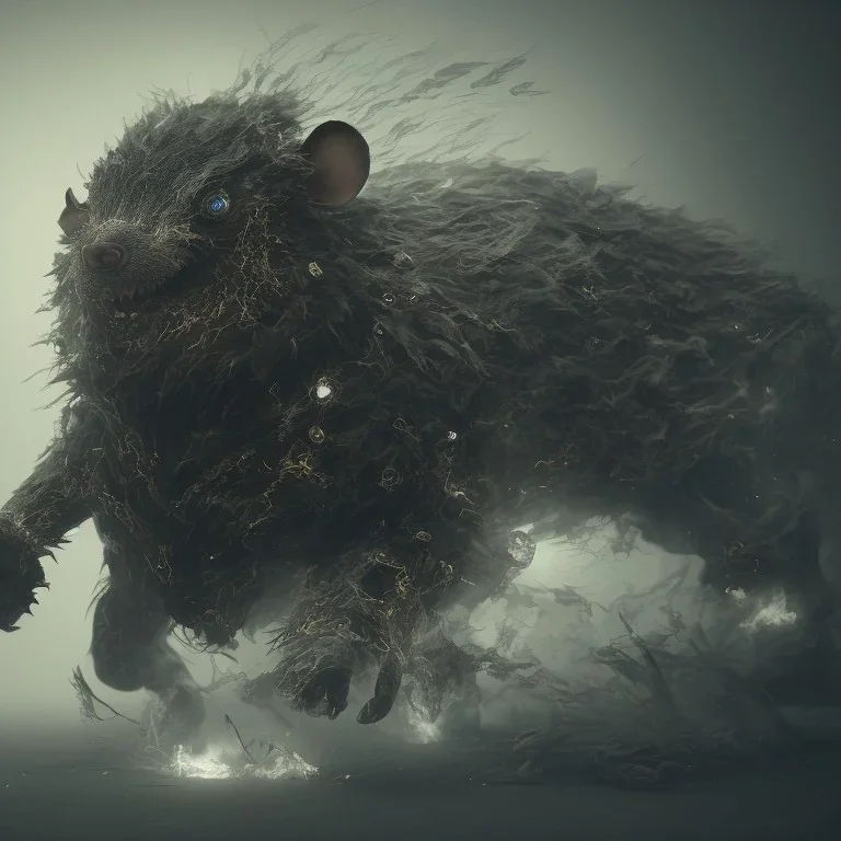 All Black Feild mouse, white smoke, dark, rage, high definition, ultra 8 k, volumetric lighting, blue fire, fog