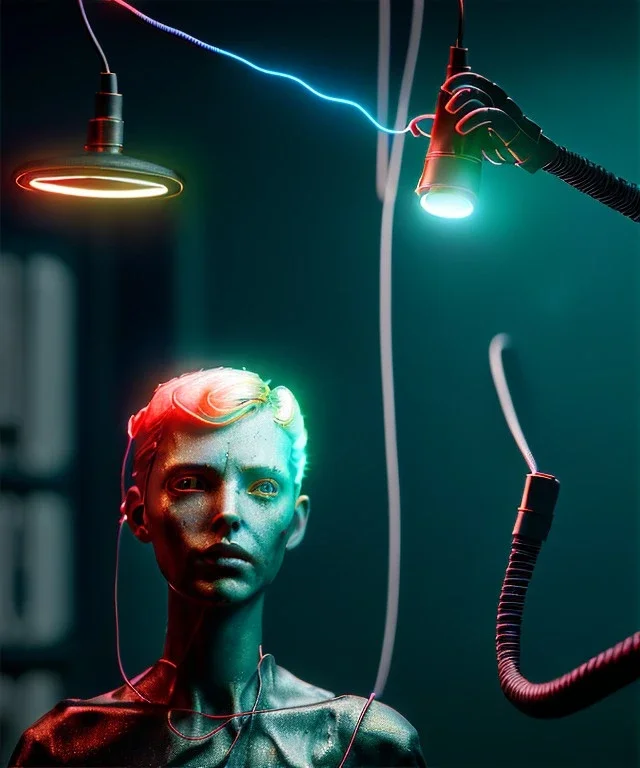 Ultra realistic photographic night portrait, cinematic, <blonde woman> <hanging wires> many wires coming out of the head <perfect pupil> <cyborg arm> <garage> <wide angle Shot> <sci-fi futuristic> <thriller>, neon lights, color fog, soft color, highly detailed, unreal engine 5, ray tracing, RTX, lumen lighting, ultra detail, volumetric lighting, high definition.